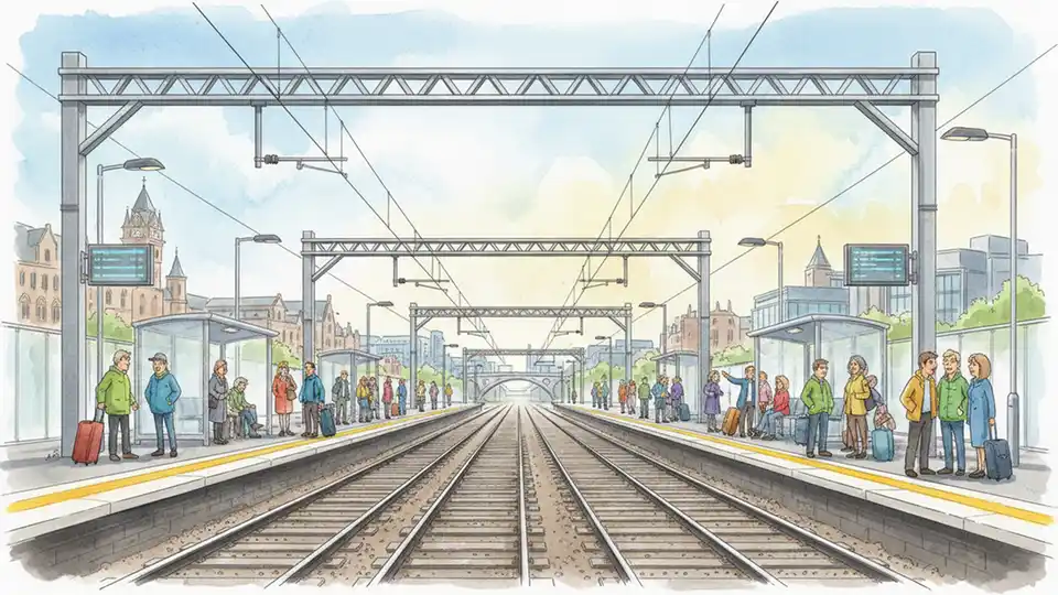 Scottish railway infrastructure showing multiple tracks and overhead electric lines at major station, passengers waiting on platform in background