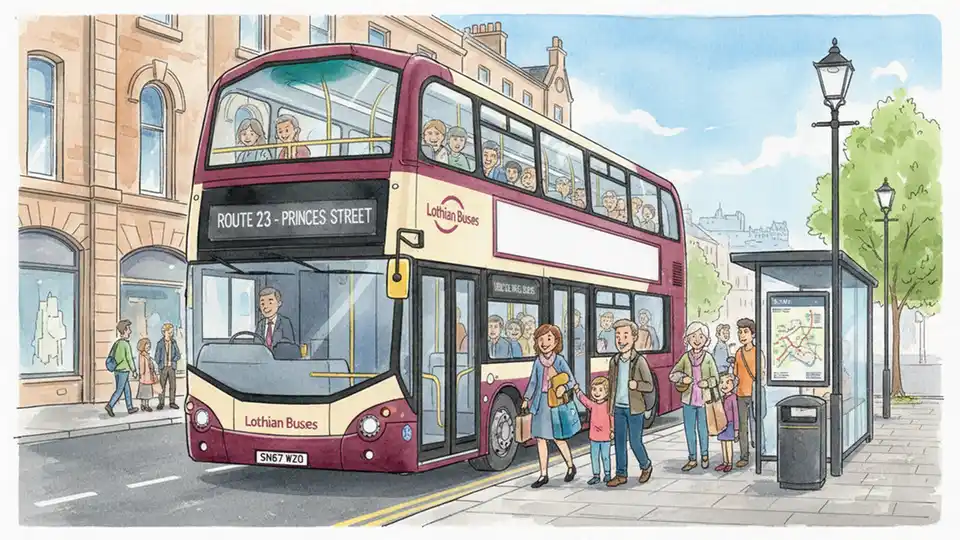 Scottish city bus at urban stop with passengers boarding during daytime