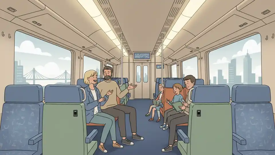 Interior of modern regional train showing passenger seating with LED lighting, USB charging ports, and contemporary design elements