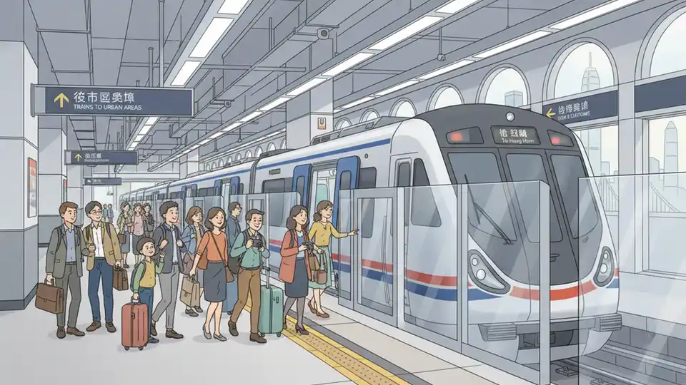 MTR East Rail Line train at border station platform with passengers boarding