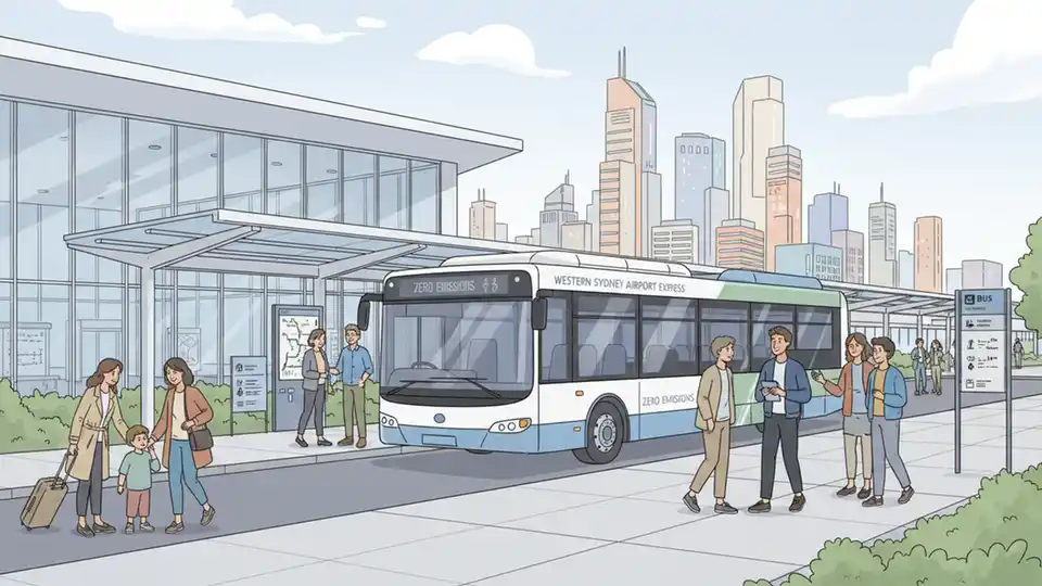 Modern electric bus at Western Sydney International Airport terminal with Bradfield City Centre in background