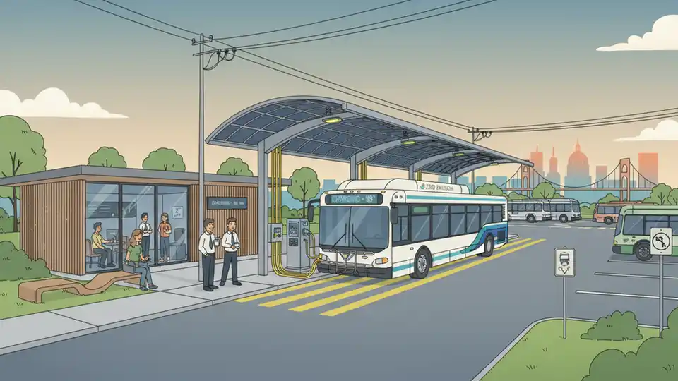 Electric bus charging at upgraded transit depot with modern infrastructure and layover facilities