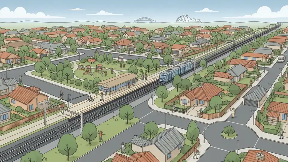 Aerial view of Vineyard train station area showing Bandon Road corridor and surrounding North West Sydney residential development with Richmond railway line visible
