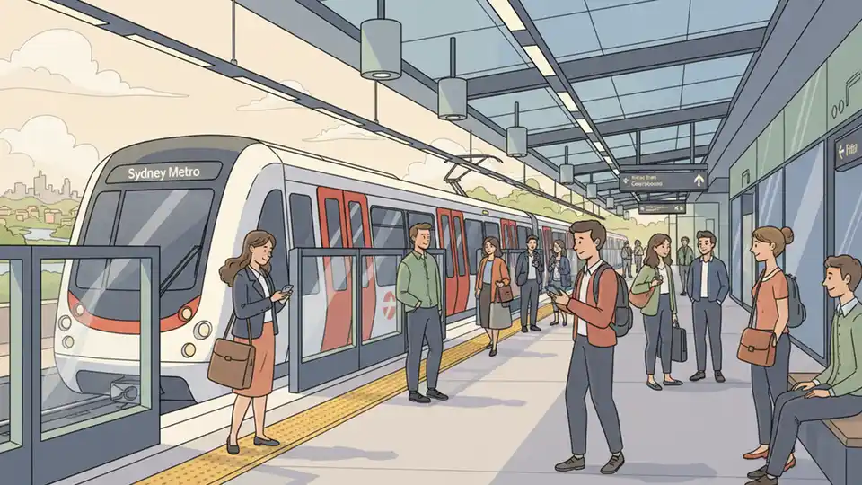 Sydney metro train at Tallawong station platform with commuters waiting, showing modern transit infrastructure in western Sydney suburb