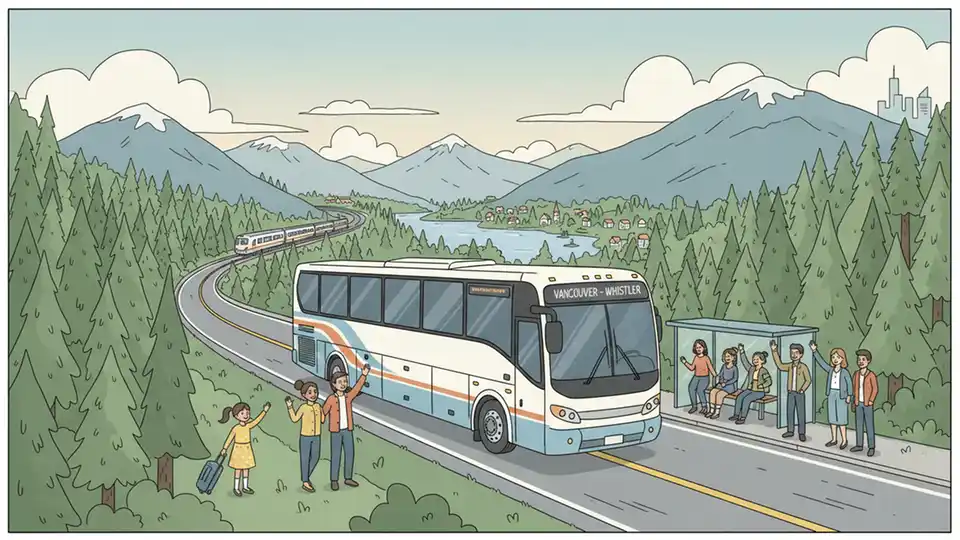 Intercity bus traveling on British Columbia highway connecting rural and urban communities