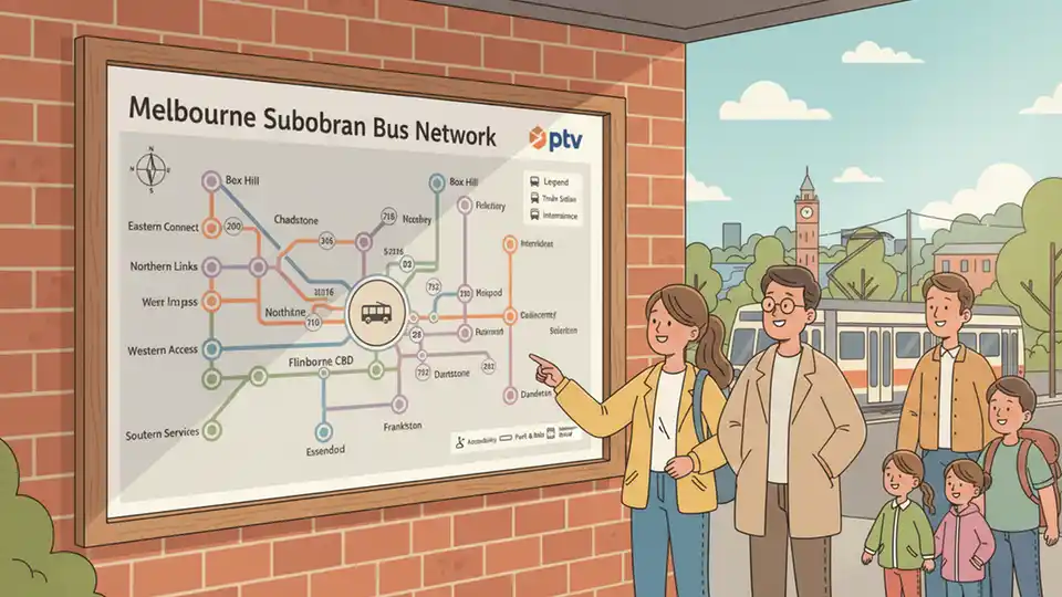Bus route map display showing Melbourne suburban transit connections