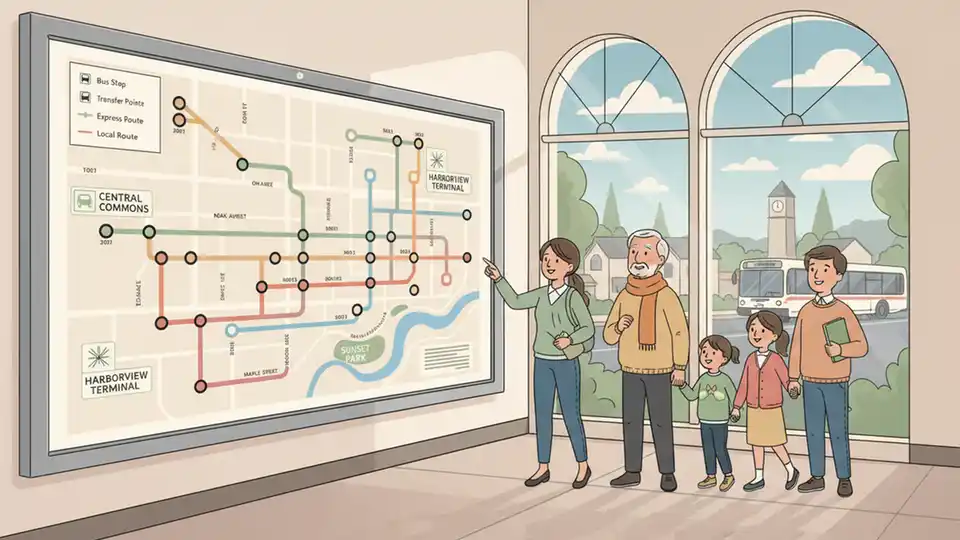 Bus route map display showing multiple suburban transit lines and connections