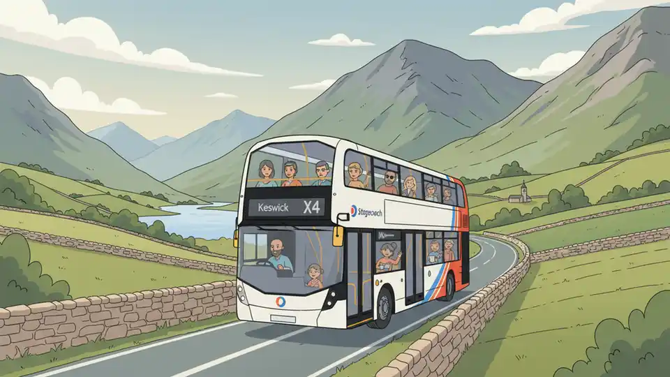 Stagecoach bus on X4 or X5 route traveling through Lake District countryside toward Keswick, scenic mountain landscape, integrated public transport service