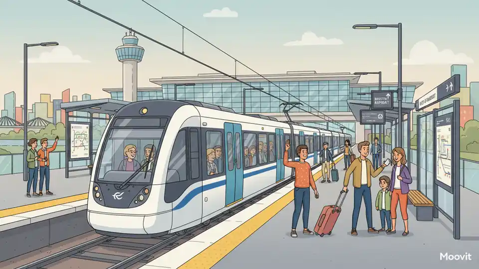Light rail train approaching modern station platform with airport terminal visible in background. Alt text: Light rail transit Bristol Airport connection West of England metro system. Composition: Side view of approaching train with platform and airport infrastructure, emphasizing regional connectivity.
