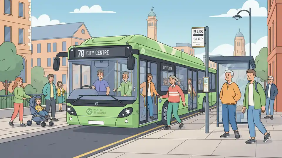 Modern green electric bus at urban transit stop in Bristol city center with passengers boarding. Alt text: Green electric bus Bristol public transport West of England transit system. Composition: Front three-quarter view showing bus livery and passenger doors, urban street context with transit infrastructure visible.