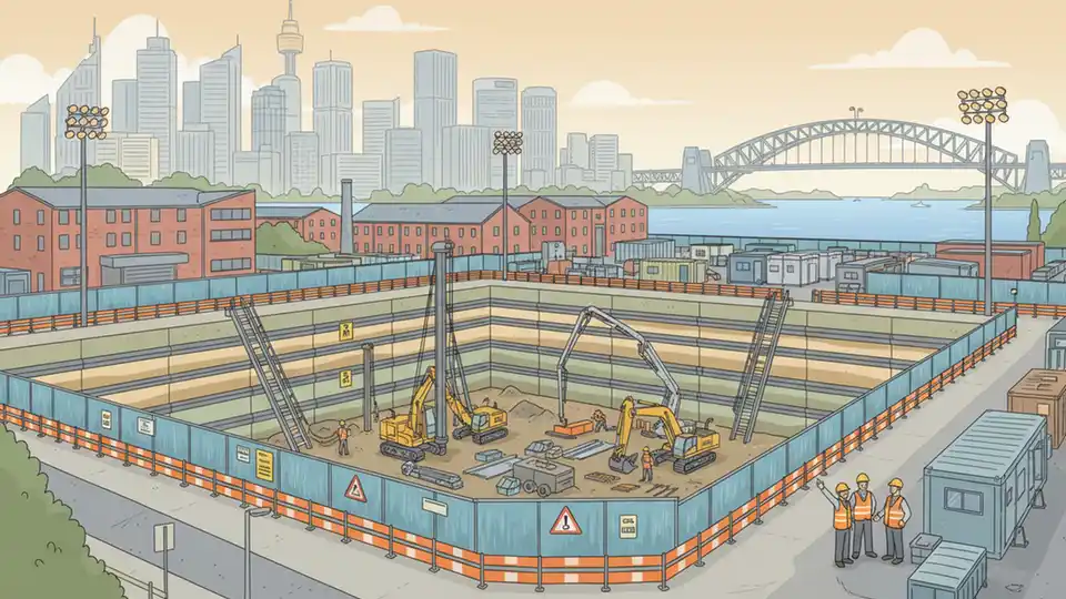 Sydney Metro construction site showing station box excavation with construction equipment, safety barriers, and workers at Pyrmont or Bays West station location with city skyline visible in background