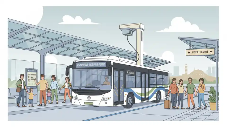 Modern electric bus at a dedicated terminal with charging infrastructure and covered passenger waiting areas. Alt text: Electric bus terminal Visakhapatnam Bhogapuram Airport transit connection. Composition: Front three-quarter view showing electric bus at terminal with charging stations visible, emphasizing sustainable public transportation infrastructure for airport service.