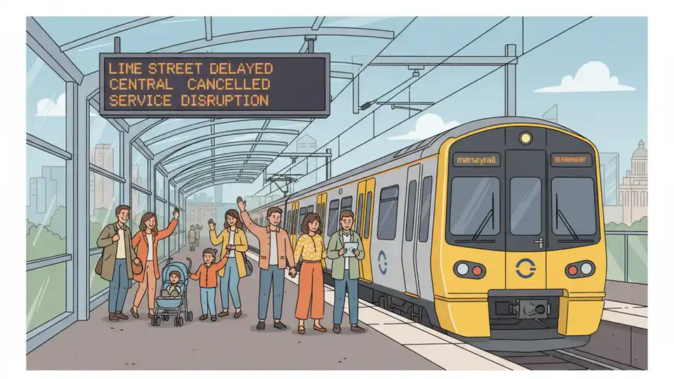 Merseyrail train at platform with electronic departure board showing service disruptions and cancellations