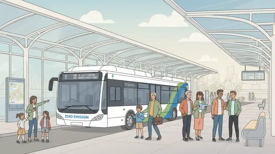 Electric bus from Derry's zero-emission fleet at North West Transport Hub with modern station architecture visible