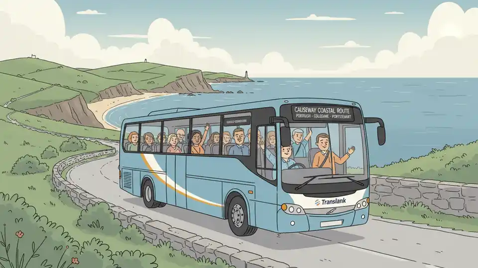 Translink public bus traveling along coastal road connecting Portstewart, Coleraine and Portrush in Northern Ireland
