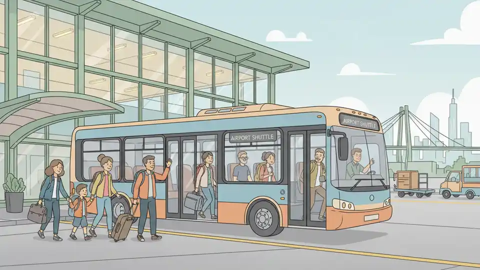 Bus arriving at modern airport terminal with passengers boarding