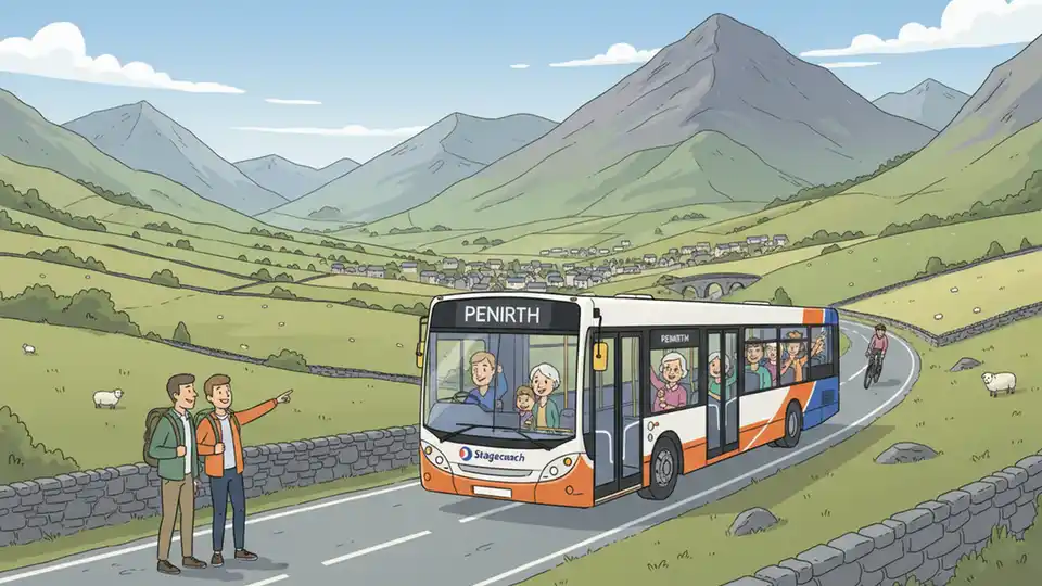 Stagecoach bus on scenic Lake District road with Keswick town and mountains in distance, displaying route number to Penrith