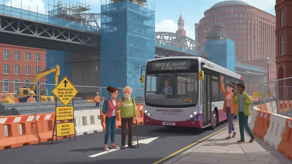 Birmingham bus at temporary stop with construction barriers and detour signs visible, showing transit adjustments during viaduct reconstruction