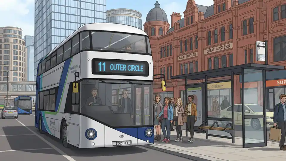 Modern Birmingham Number 11 bus on route, contemporary double-decker bus at busy Birmingham stop with passengers boarding, route number clearly visible
