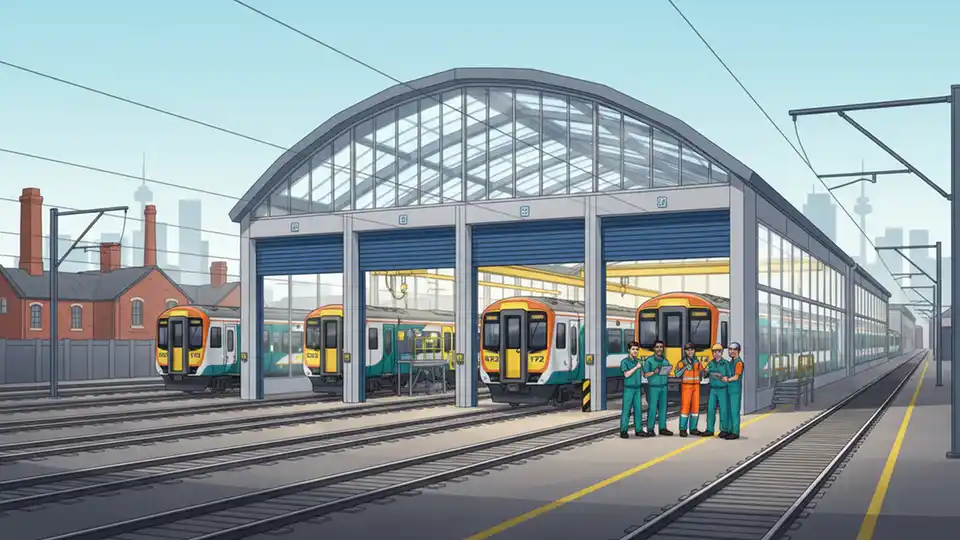 Upgraded Tyseley depot facility showing extended main shed and modern train maintenance equipment, with West Midlands Railway trains visible inside the facility
