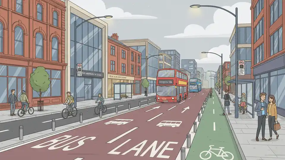 Bus priority lane with modern transit infrastructure in urban North West England setting
