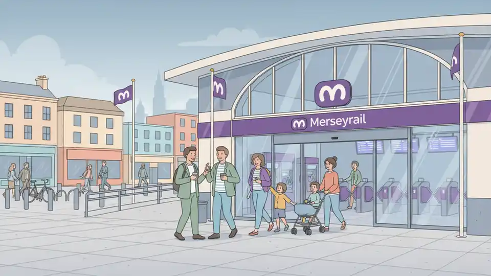 Liverpool Central Station entrance with Merseyrail signage and commuters
