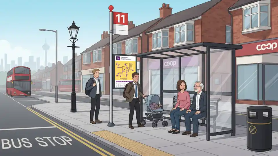 Number 11 bus stop in Birmingham showing route map and timetable information, with passengers waiting at busy suburban stop