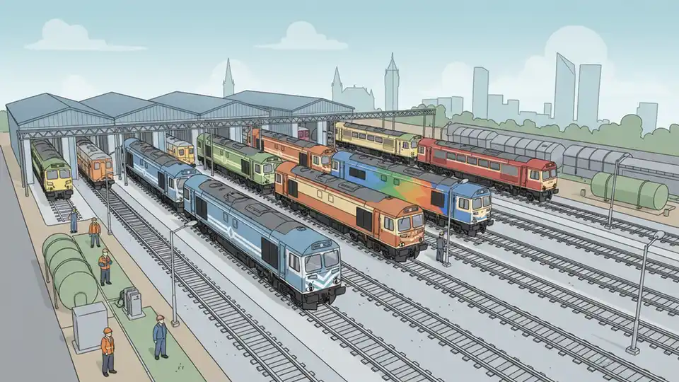 Railway maintenance depot with multiple diesel locomotives, overhead view showing Class 66 and Class 68 locomotives on parallel tracks