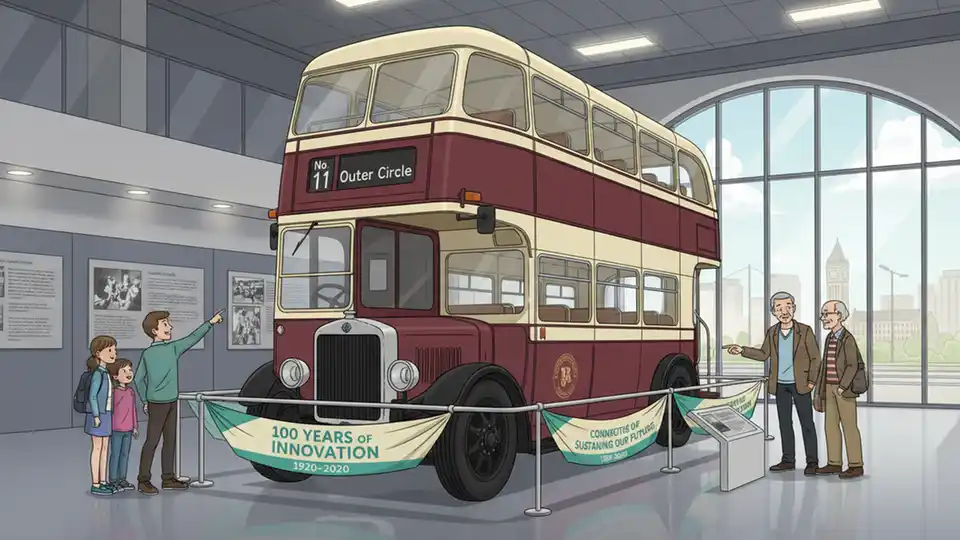Vintage Birmingham bus from 1920s era displayed at transport museum with No. 11 Outer Circle route signage and anniversary celebration banners