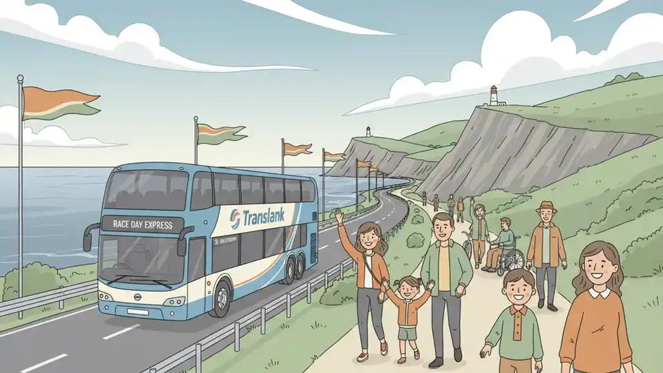 Translink bus on coastal road in Northern Ireland with scenic North Coast backdrop, showing public transportation serving racing event area