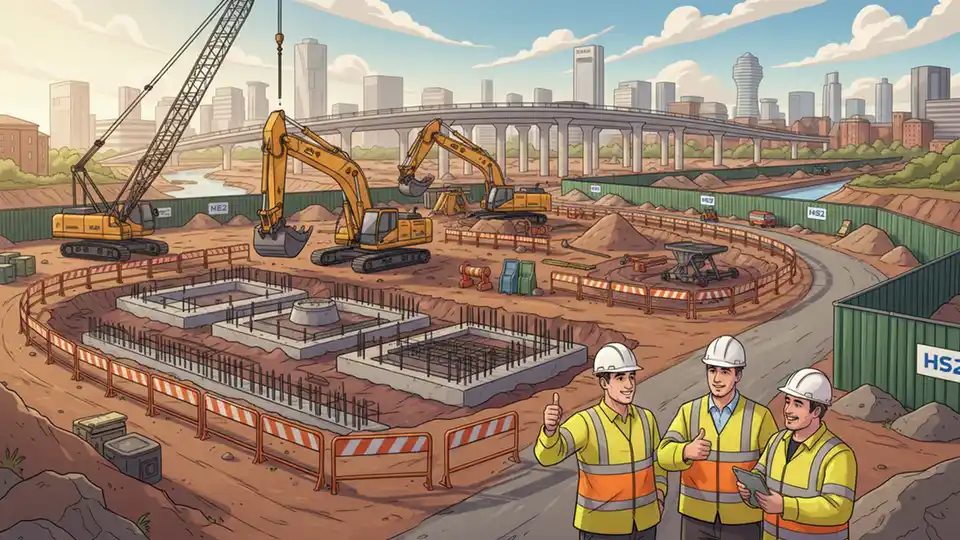 HS2 construction site in Birmingham showing railway infrastructure work with construction equipment and safety barriers