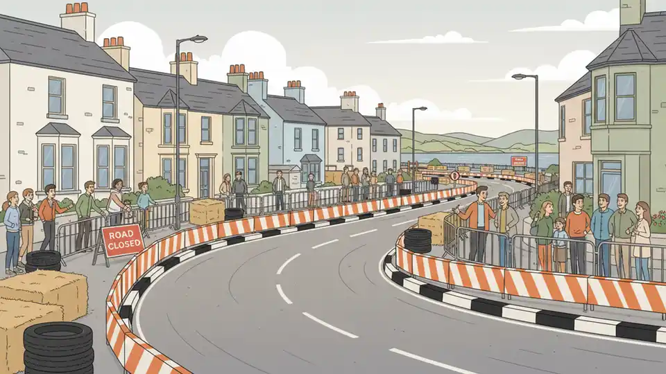 North West 200 race circuit on Northern Ireland coast showing spectator safety barriers and course closure signage with coastal town buildings in background