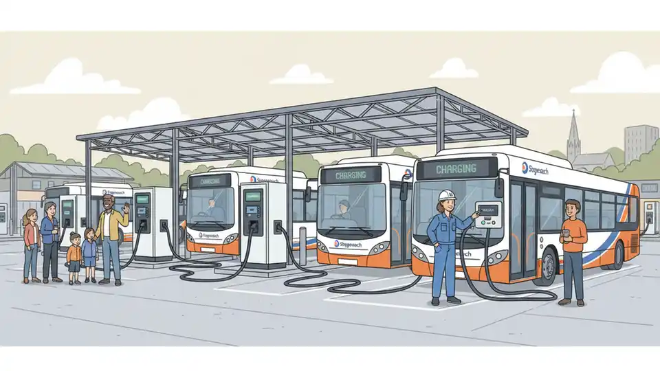 Electric bus charging station with multiple high-powered chargers at Stagecoach depot in Devon