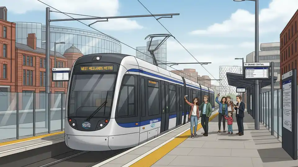 Metro tram at Grand Central station platform in Birmingham city center