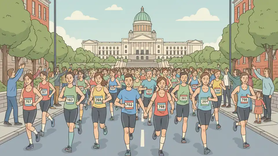 Marathon runners on Belfast city street with Stormont estate visible in background