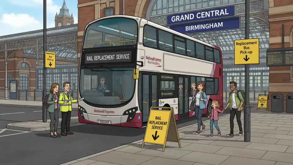 Replacement bus service at railway station with rail replacement signage visible