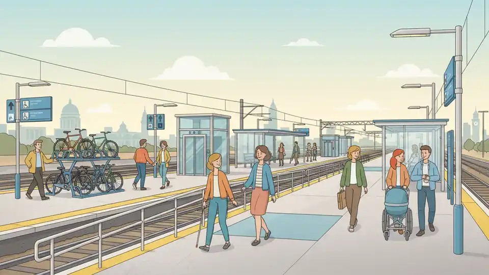 Modern accessible railway station platform showing step-free access ramps, elevators, and cycle storage facilities