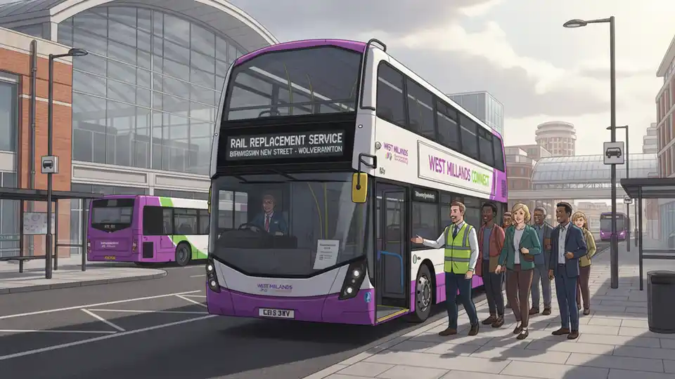 Rail replacement bus at Birmingham transit stop with route signage visible