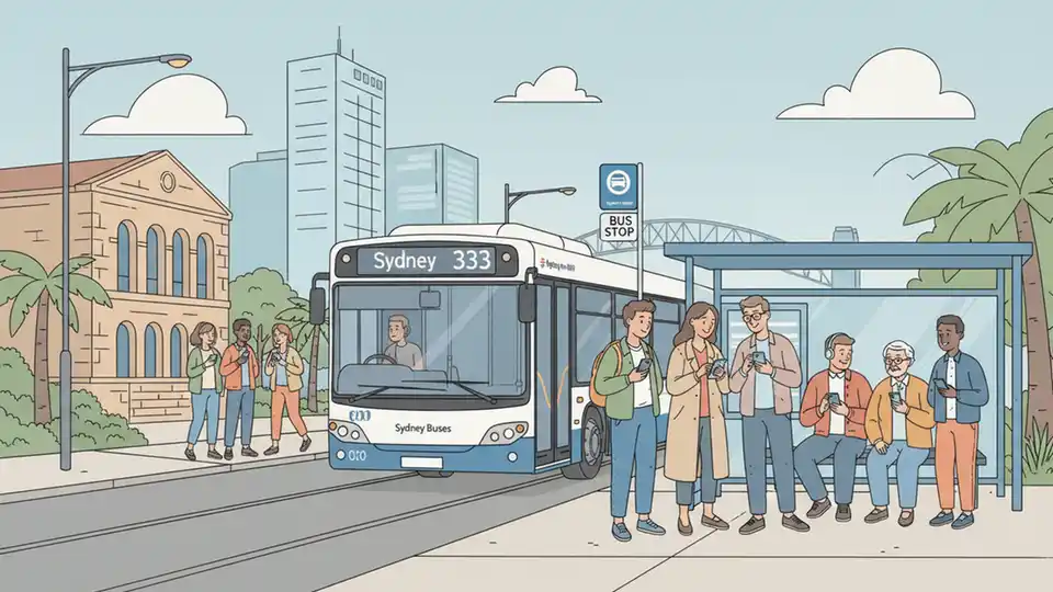 Sydney bus at stop with passengers waiting and checking mobile phones