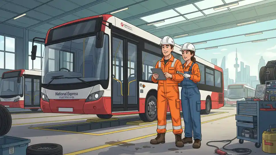 Birmingham bus mechanic inspecting vehicle undercarriage in depot maintenance facility