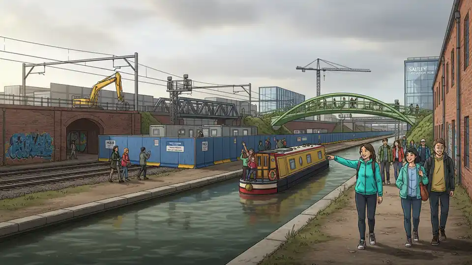Birmingham canal towpath and railway infrastructure near Saltley area showing transport connections affected by HS2 construction