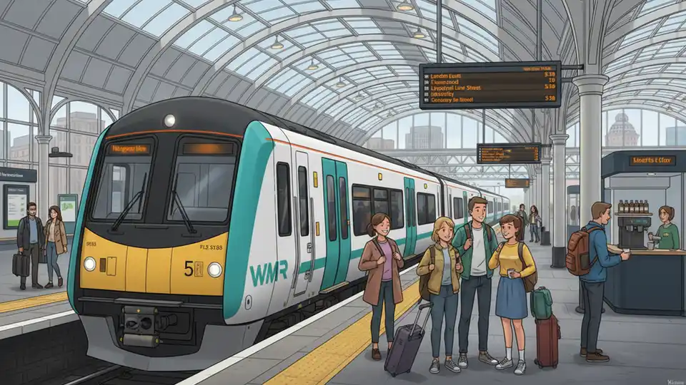 West Midlands Railway train at Birmingham New Street station platform with passengers waiting and checking departure boards