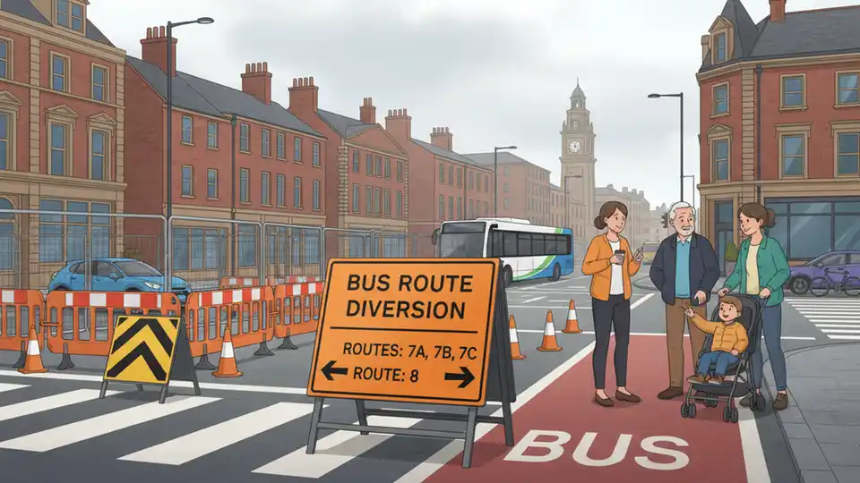 Bus route diversion sign at urban intersection with construction barriers visible