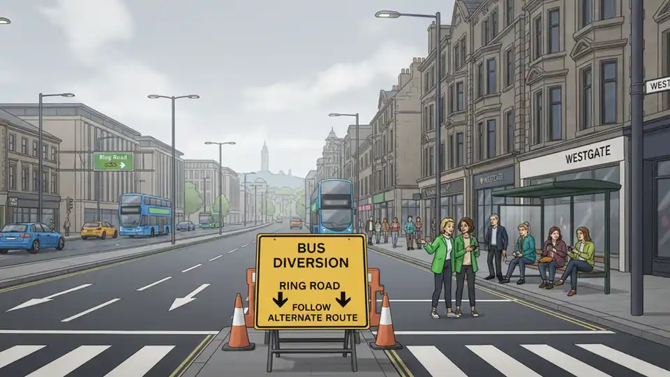 Bus diversion signage and alternate route through Ring Road and Westgate in Huddersfield with urban street view