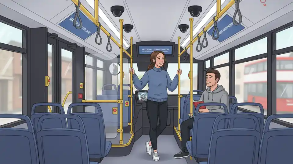 Woman riding public bus with modern safety monitoring technology visible
