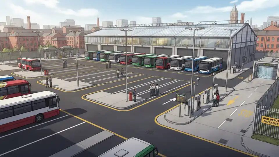 Modern bus depot facility with multiple bus bays and maintenance areas in urban setting