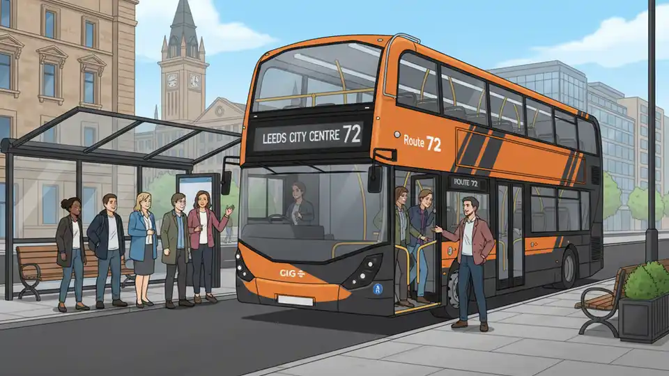 Bus in distinctive orange, grey and black livery at city transit stop with passengers boarding