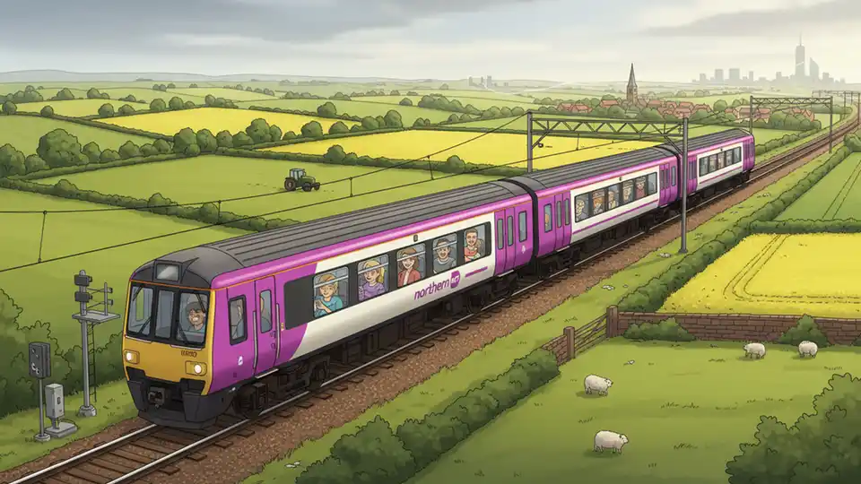Northern rail train traveling through countryside between Sheffield and Lincoln, showing regional rail infrastructure and rolling stock