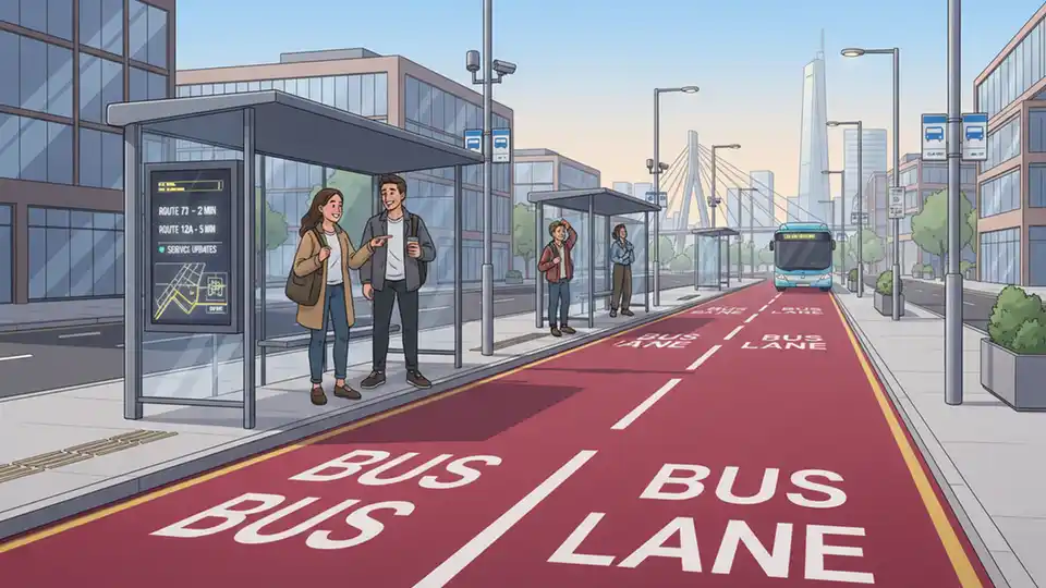 Bus lane infrastructure with modern shelters and digital information displays in urban setting