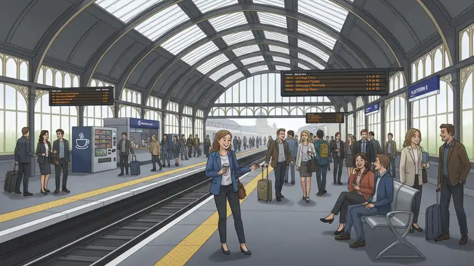 Leeds train station platform with passengers waiting for service